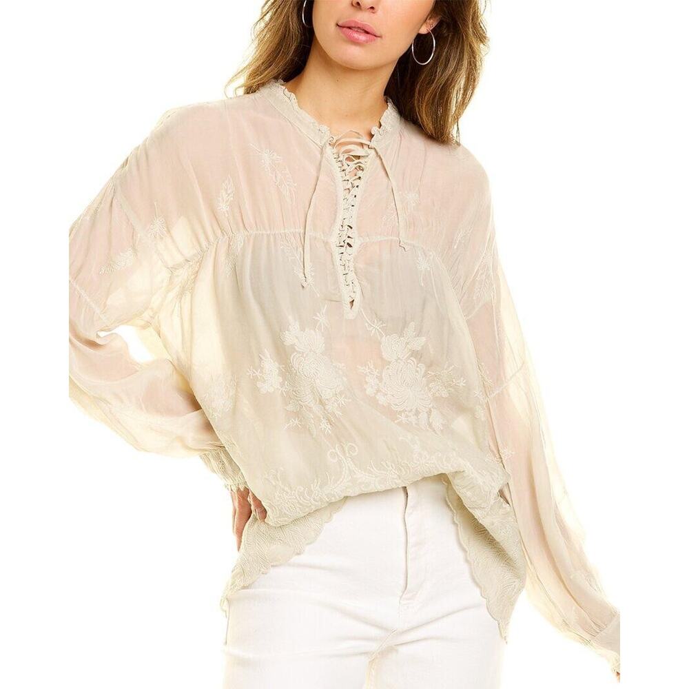 JOHNNY WAS Lara Lace-Up Embroidered Blouse Tunic Top Dusty White S NWT $310